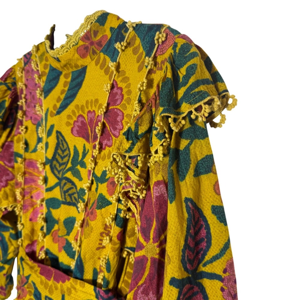 FARM Rio Yellow Tropical Tapestry Ruffled Mini Dress - Floral Long Sleeve Large - Picture 4 of 13